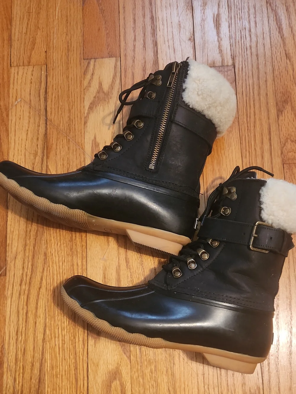 Sperry for JCREW Womens Black Waterproof Duck Boots w/ SHEEP Wool Lining size 8